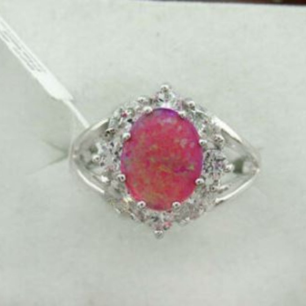 OPAL & WHITE SAPPHIRE RING SILVER PLATED - Picture 3 of 6